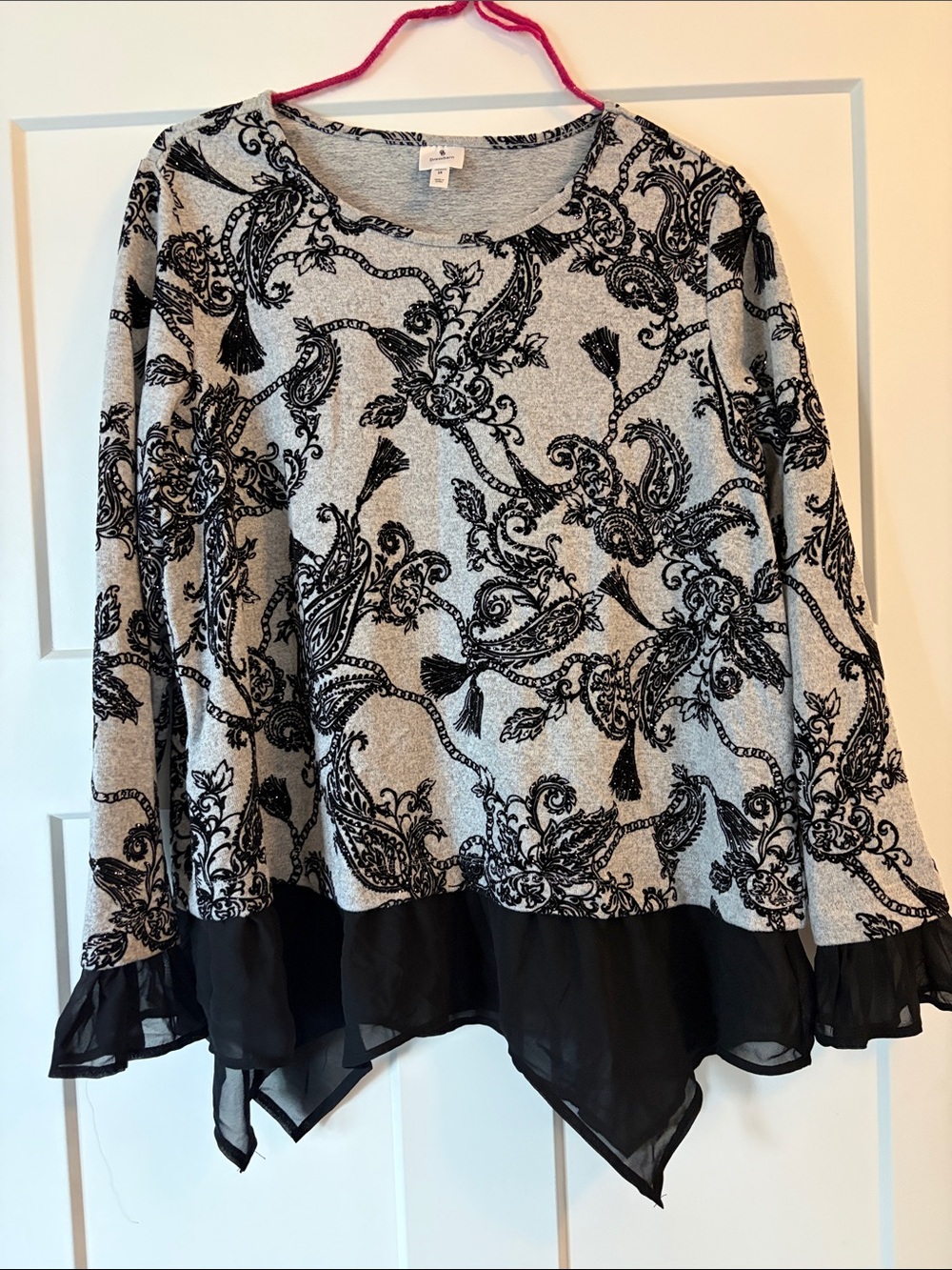 Dress Barn Gray Paisley Long Sleeve Top with Black Chiffon Hem